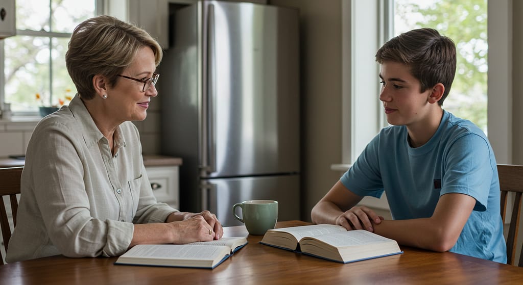 Instilling values in your teen – parent guiding teenager with positive discussion at home