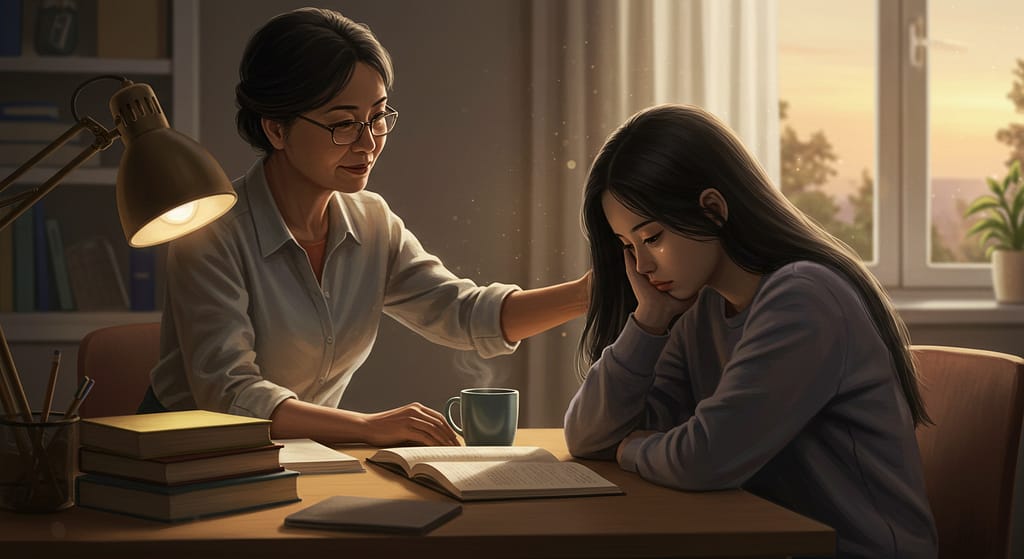 Parent supporting a depressed teenager in school while studying at a desk, with warm lighting and books around to create a calm, focused environment.